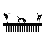 Black painted steel medal holder with silhouettes of three female hip hop dancers in various poses on top. The holder has 15 hooks for hanging medals.